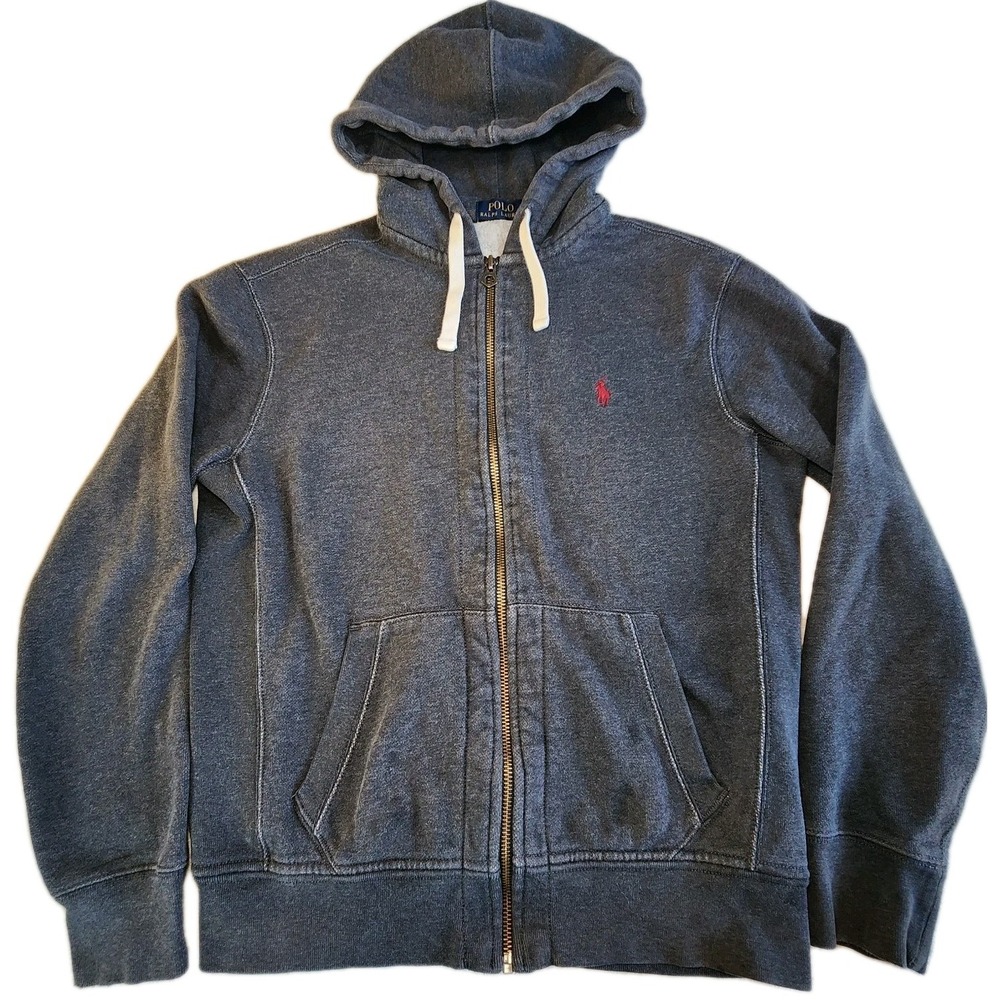 RALPH LAUREN Hoodie Jacket Mens Medium Gray Full‎ Zip Fleece Distressed VTG 90's